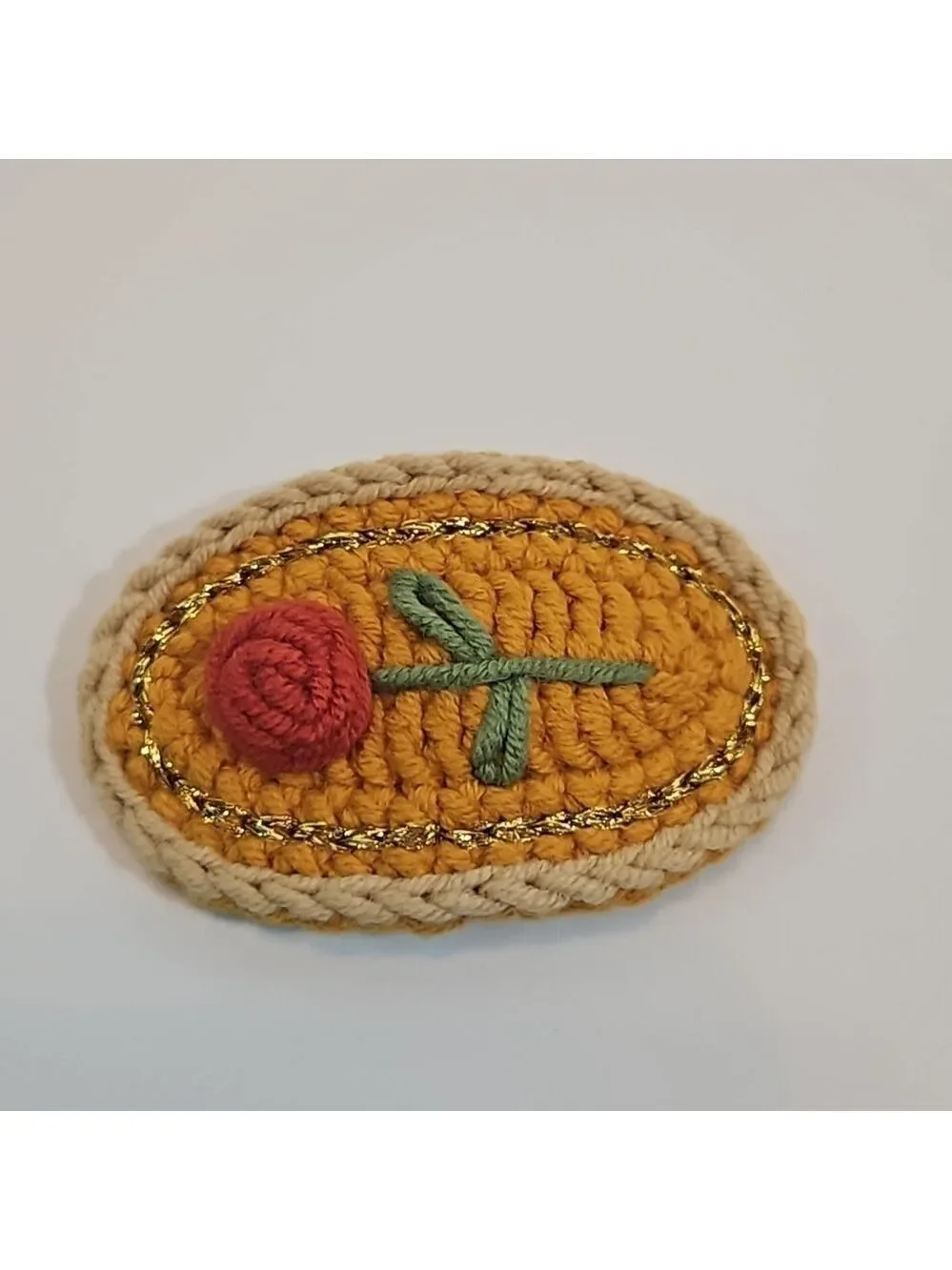 Hand Crafted Hand Knit Crochet  Hair Clip Red Rose embroidered Snap Clip 2.5